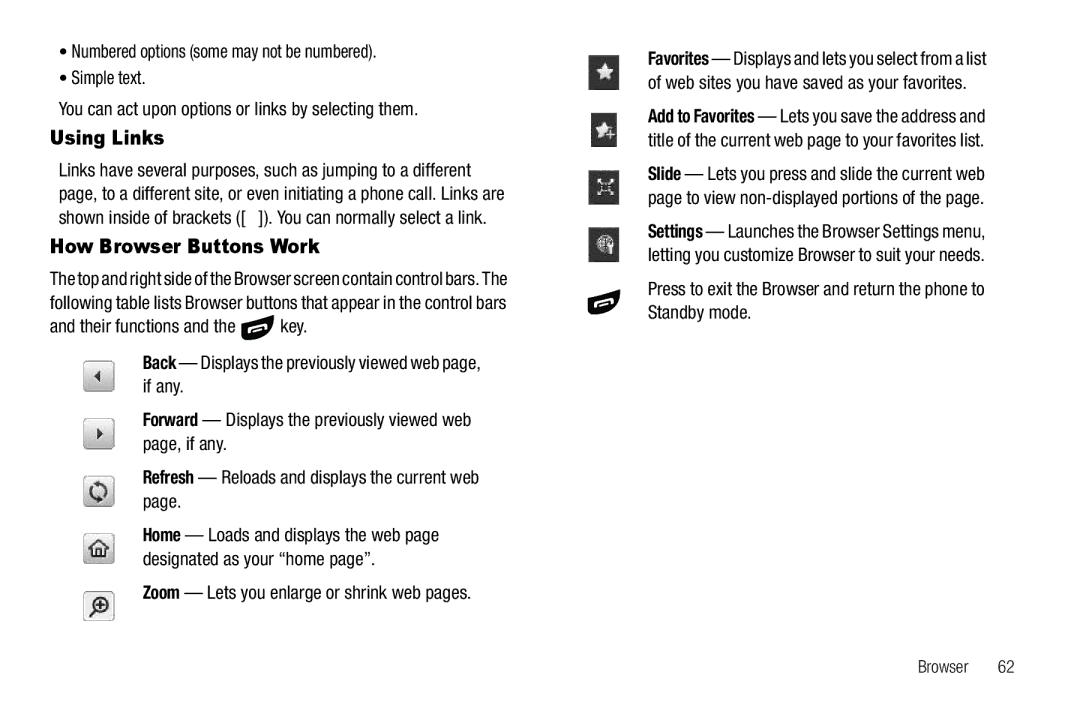 Sharp SCH-R850 user manual Using Links, How Browser Buttons Work, Zoom Lets you enlarge or shrink web pages 