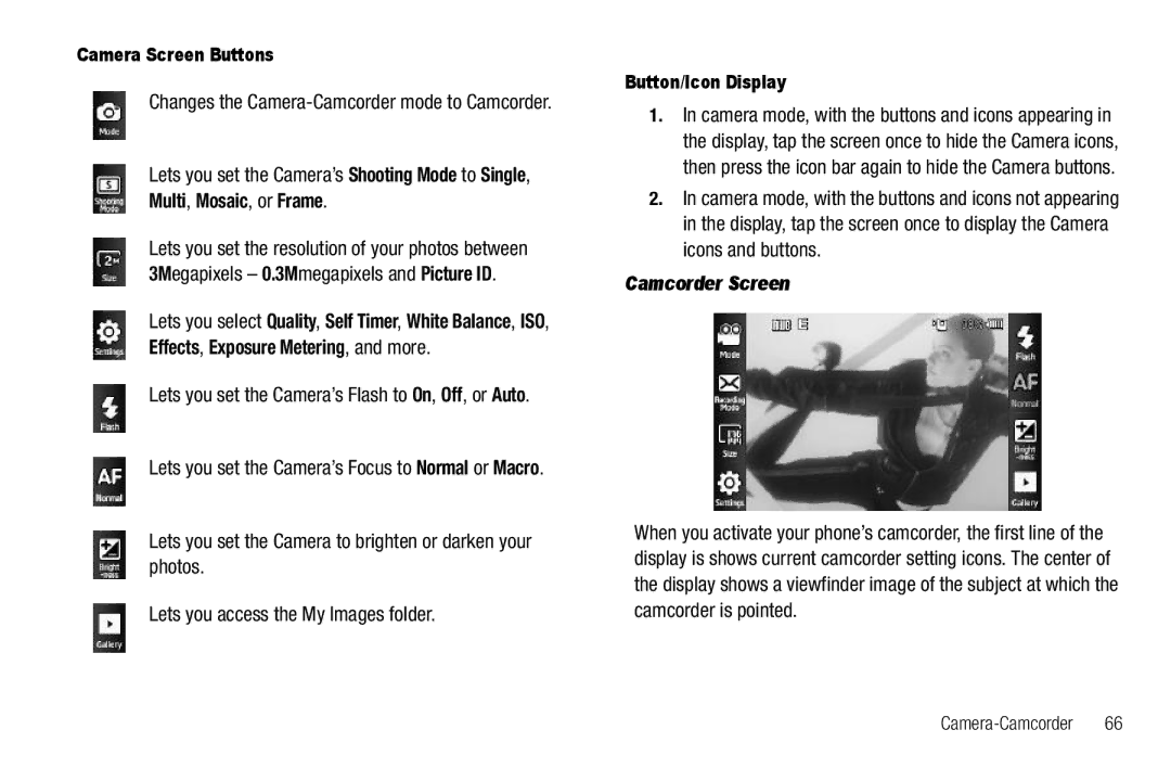 Sharp SCH-R850 user manual Changes the Camera-Camcorder mode to Camcorder, Camcorder Screen, Camera Screen Buttons 