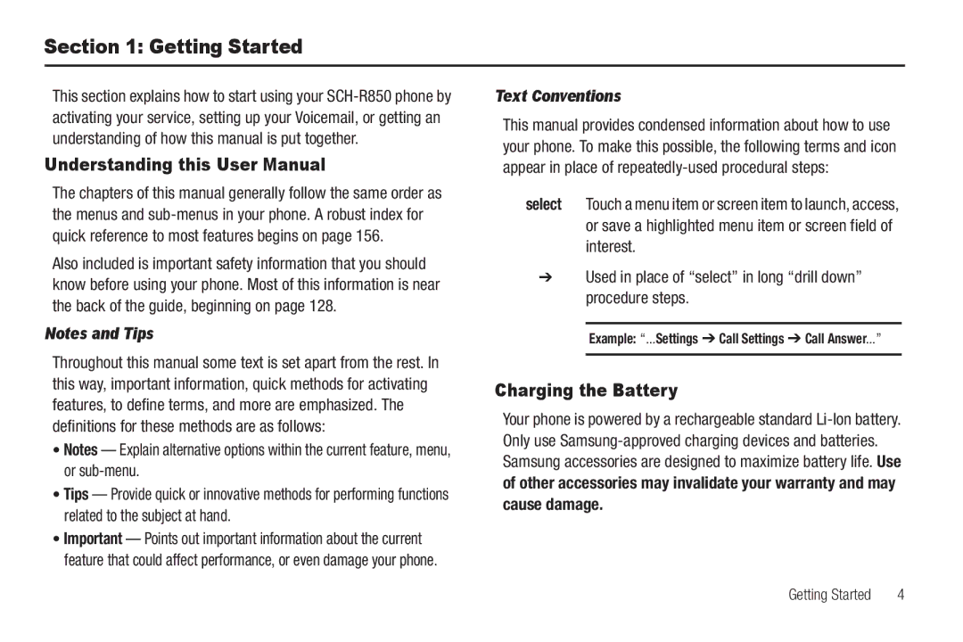 Sharp SCH-R850 user manual Getting Started, Charging the Battery, Text Conventions 