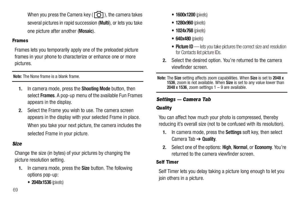 Sharp SCH-R850 user manual Size, Settings Camera Tab, Frames, Quality, Self Timer 