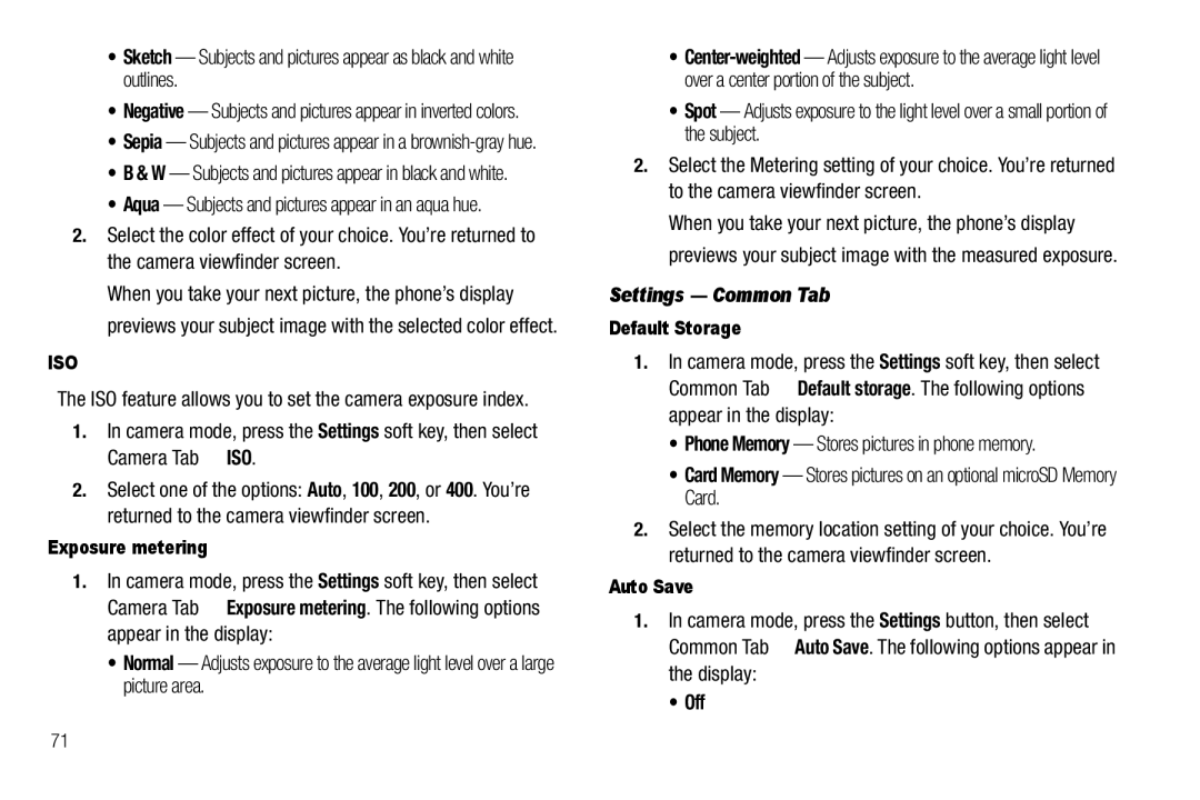 Sharp SCH-R850 user manual Settings Common Tab, Off, Exposure metering, Default Storage, Auto Save 