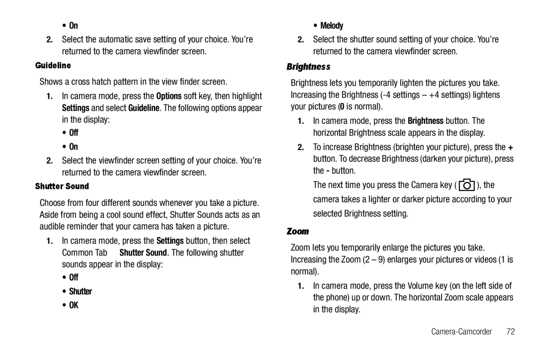 Sharp SCH-R850 user manual Off Shutter Melody, Selected Brightness setting, Zoom 