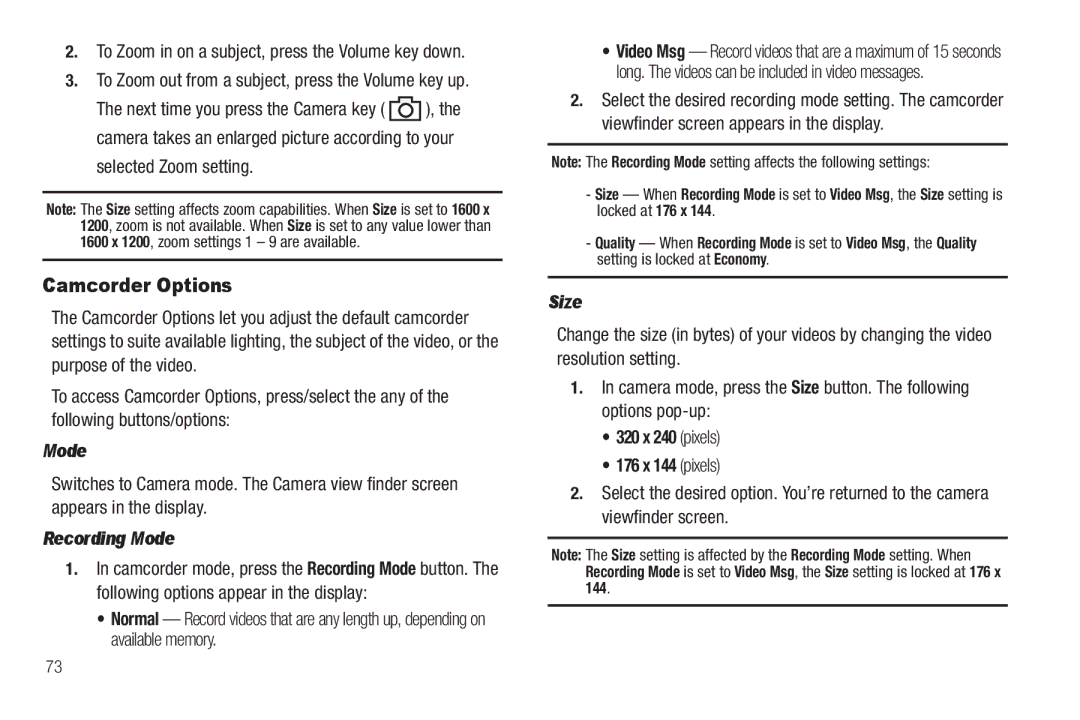 Sharp SCH-R850 user manual Camcorder Options, Selected Zoom setting, Recording Mode, 320 x 240 pixels 176 x 144 pixels 