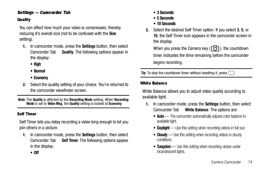 Sharp SCH-R850 user manual Settings Camcorder Tab, High Normal Economy, Begins recording 