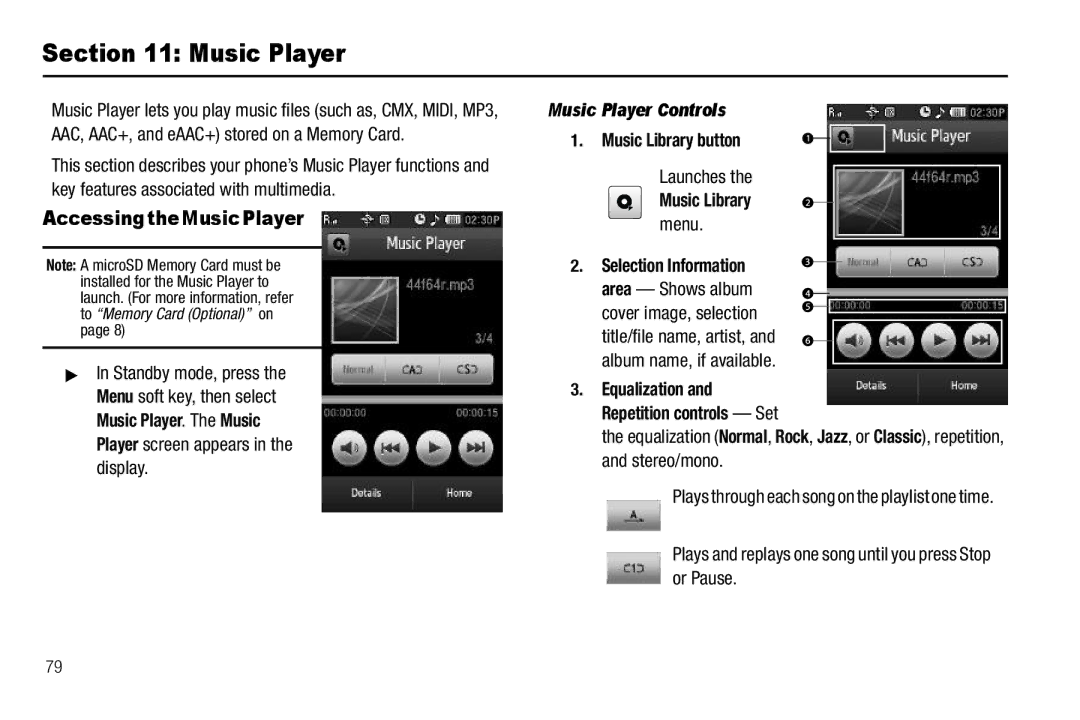 Sharp SCH-R850 user manual Accessing the Music Player, Music Player Controls, Music Library button, Selection Information 