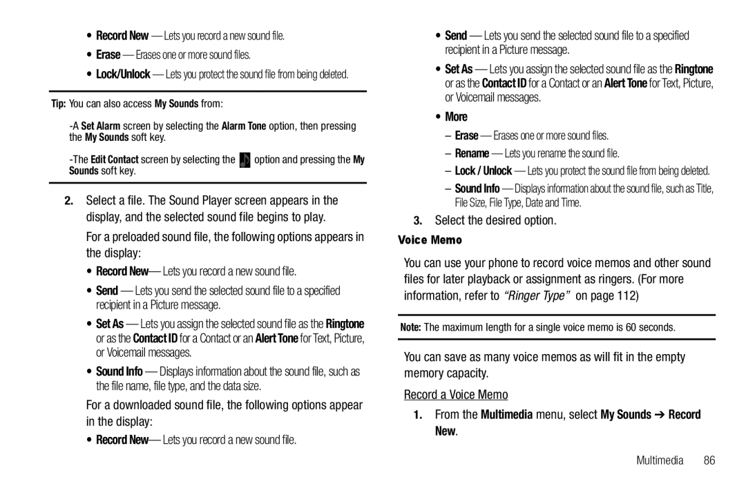 Sharp SCH-R850 user manual More, From the Multimedia menu, select My Sounds Record New, Sounds soft key, Voice Memo 