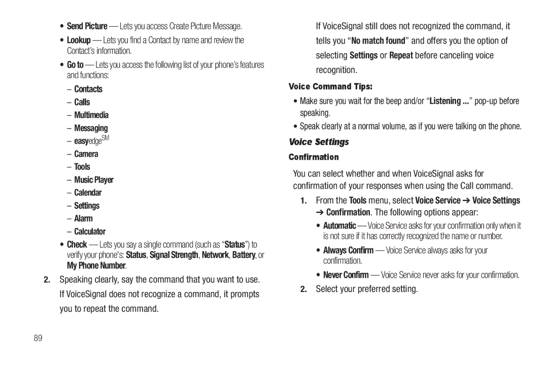 Sharp SCH-R850 user manual Voice Settings, Confirmation. The following options appear, Select your preferred setting 