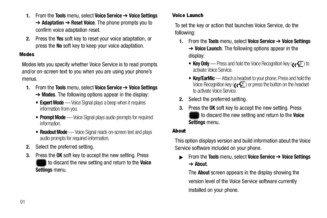 Sharp SCH-R850 Select the preferred setting, Voice Launch. The following options appear in the display, Modes, About 