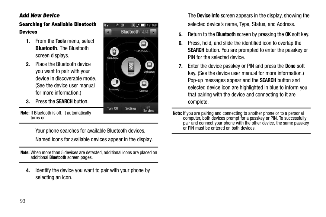 Sharp SCH-R850 user manual Add New Device, Press the Search button, Selected device’s name, Type, Status, and Address 