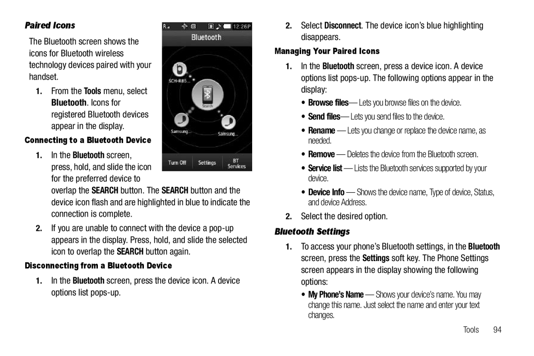 Sharp SCH-R850 Paired Icons, Bluetooth Settings, Connecting to a Bluetooth Device, Disconnecting from a Bluetooth Device 