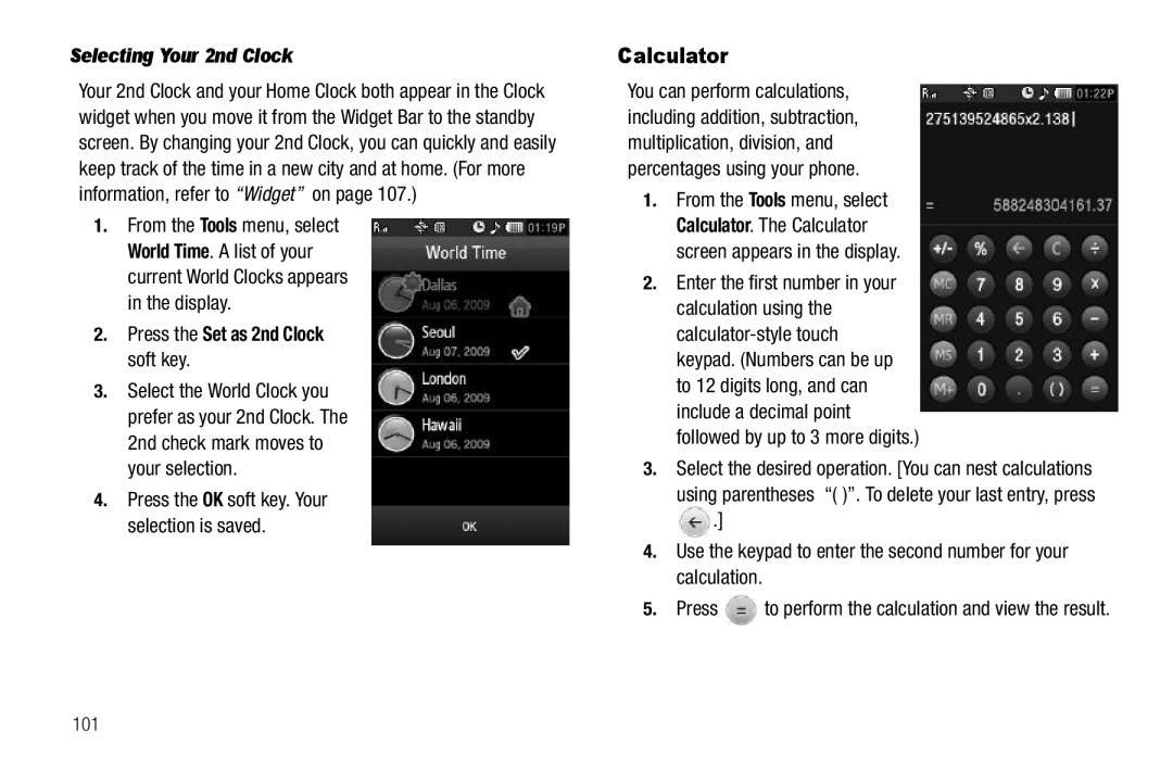 Sharp SCH-R850 user manual Calculator, Selecting Your 2nd Clock, Press the Set as 2nd Clock soft key 