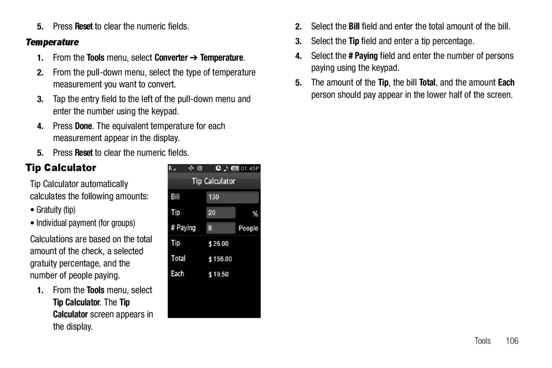 Sharp SCH-R850 user manual Tip Calculator, From the Tools menu, select Converter Temperature 