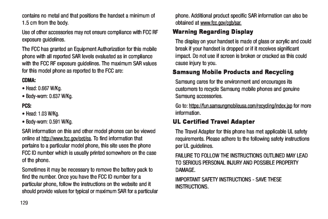 Sharp SCH-R850 Warning Regarding Display, Samsung Mobile Products and Recycling, UL Certified Travel Adapter, Cdma 