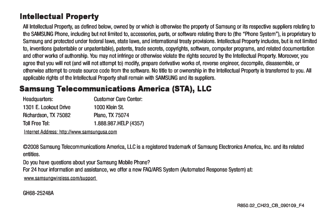 Sharp SCH-R850 user manual Intellectual Property, Samsung Telecommunications America STA, LLC 