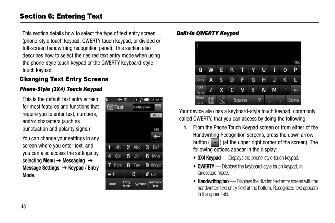 Sharp SCH-R850 user manual Entering Text, Changing Text Entry Screens, Phone-Style 3X4 Touch Keypad, Built-in QWERTY Keypad 