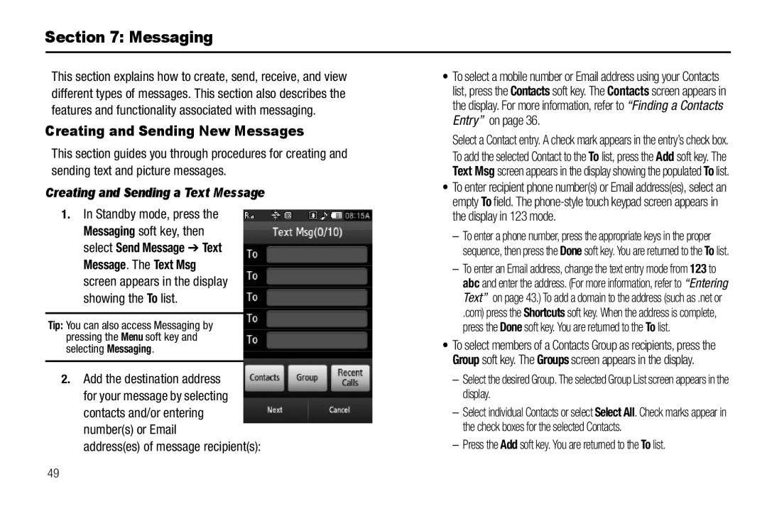 Sharp SCH-R850 user manual Messaging, Creating and Sending New Messages, Creating and Sending a Text Message 
