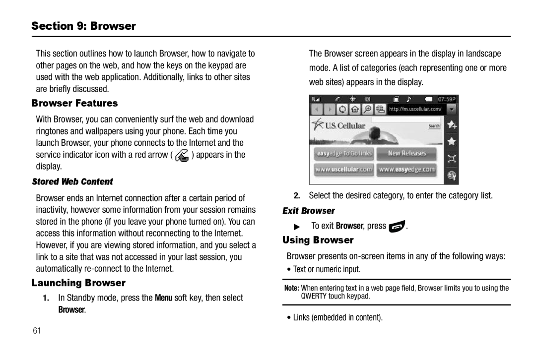 Sharp SCH-R850 user manual Browser Features, Launching Browser, Using Browser, Stored Web Content, Exit Browser 