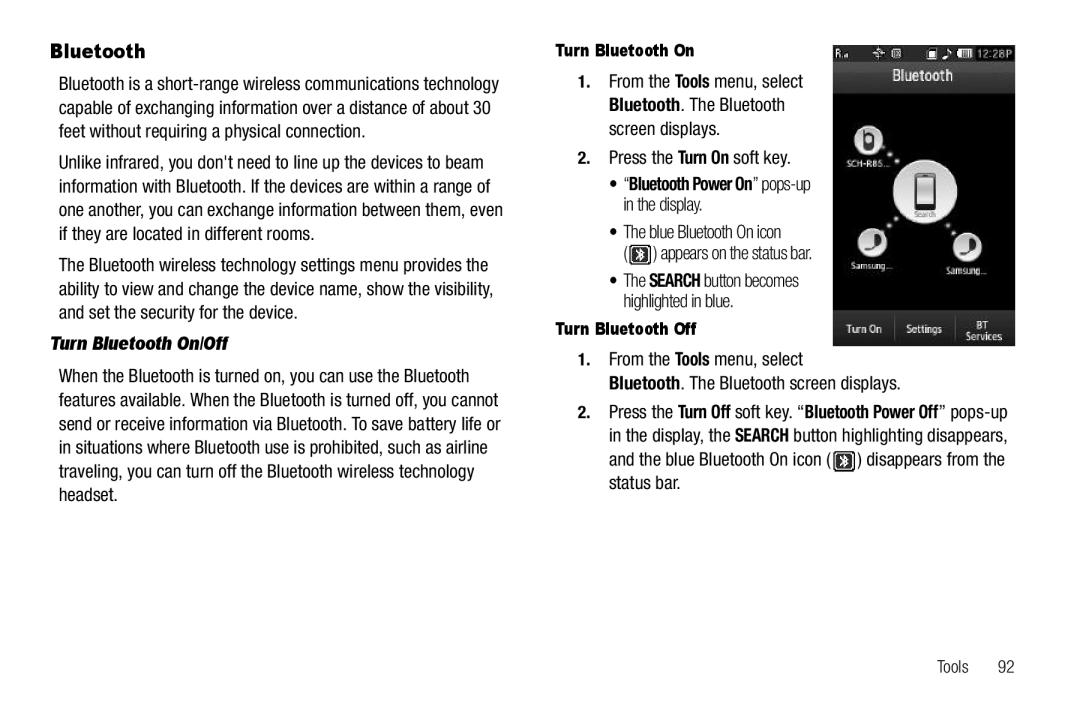 Sharp SCH-R850 user manual Turn Bluetooth On/Off, “Bluetooth Power On” pops-up in the display, Turn Bluetooth Off 