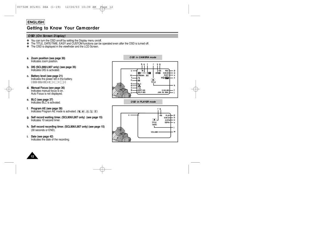 Sharp SCL901 manual OSD On Screen Display 