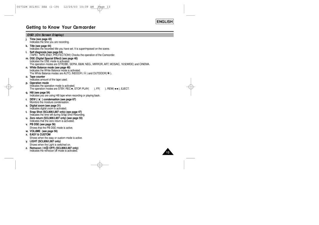 Sharp SCL901 manual Time see, Title see, Self diagnosis see, White Balance mode see, Tape counter, Operation mode, Hi8 see 