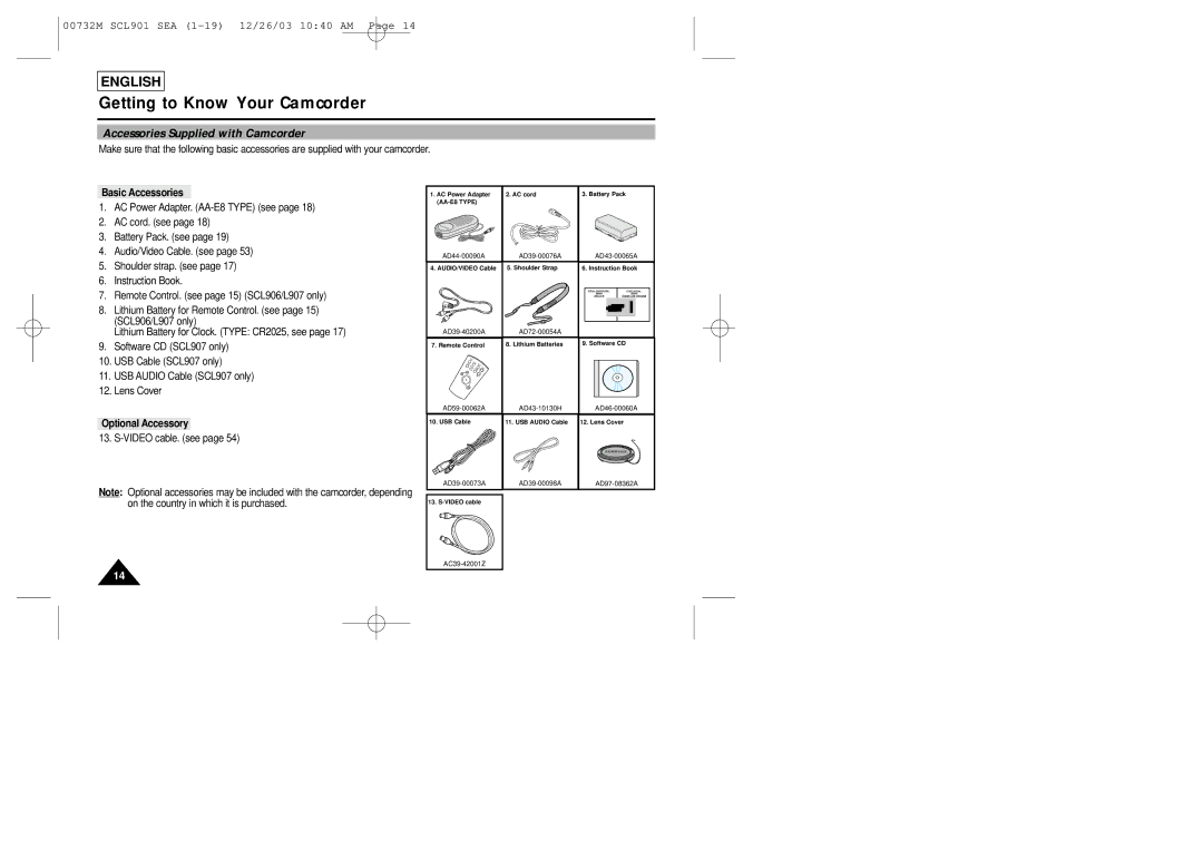 Sharp SCL901 manual Accessories Supplied with Camcorder, Basic Accessories, Optional Accessory 