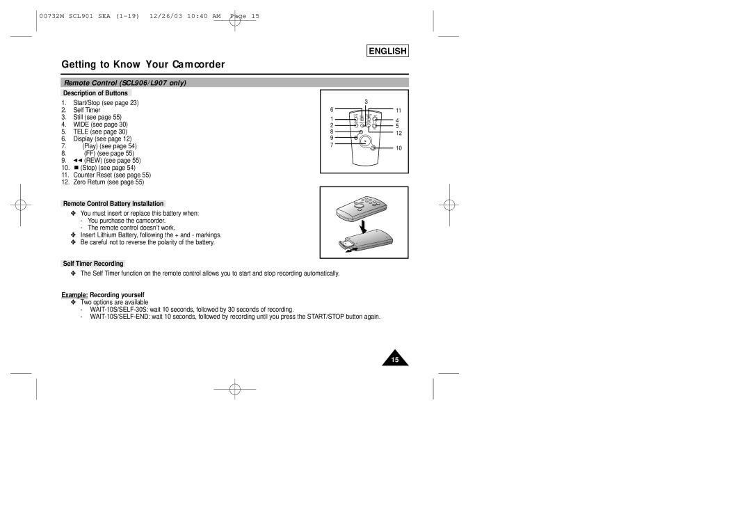 Sharp SCL901 manual Remote Control SCL906/L907 only, Description of Buttons, Remote Control Battery Installation 