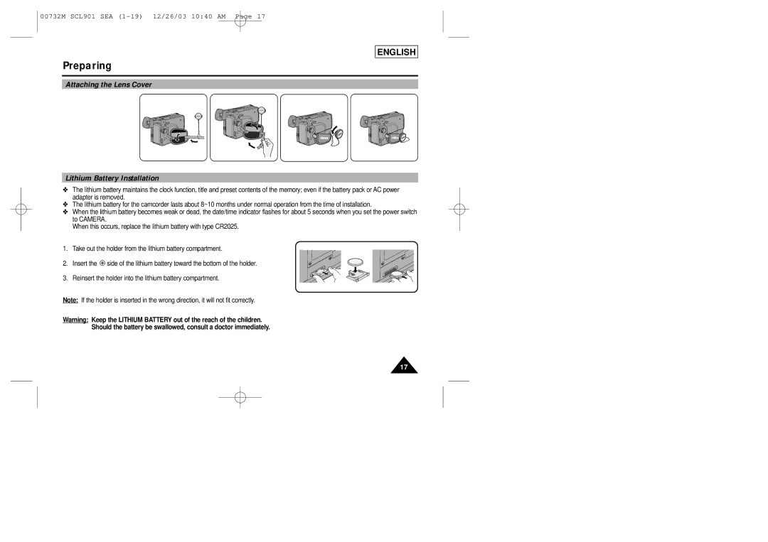 Sharp SCL901 manual Preparing, Attaching the Lens Cover Lithium Battery Installation 