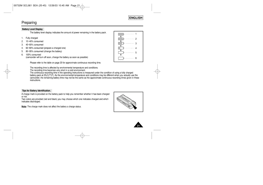 Sharp SCL901 manual Battery Level Display, Tips for Battery Identification 