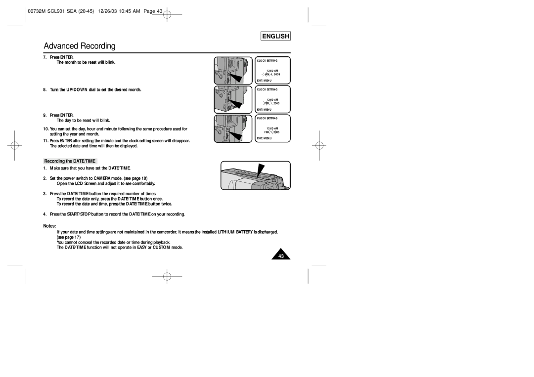 Sharp SCL901 manual Recording the DATE/TIME 