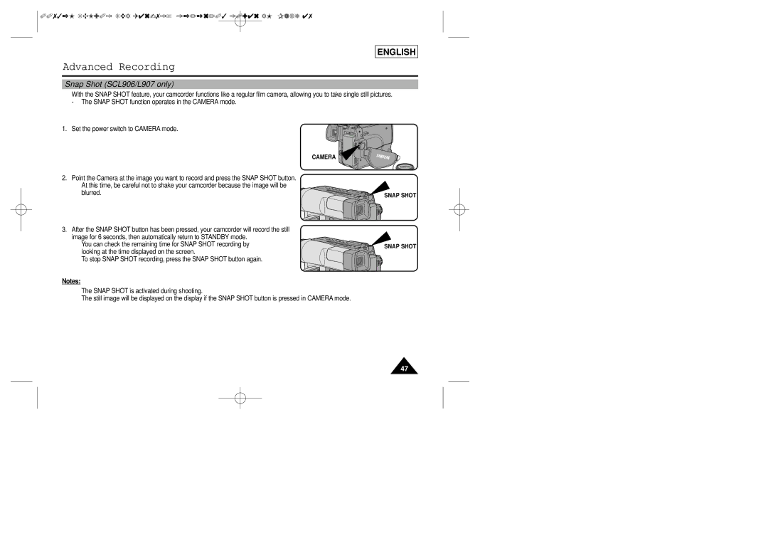 Sharp SCL901 manual Snap Shot SCL906/L907 only 