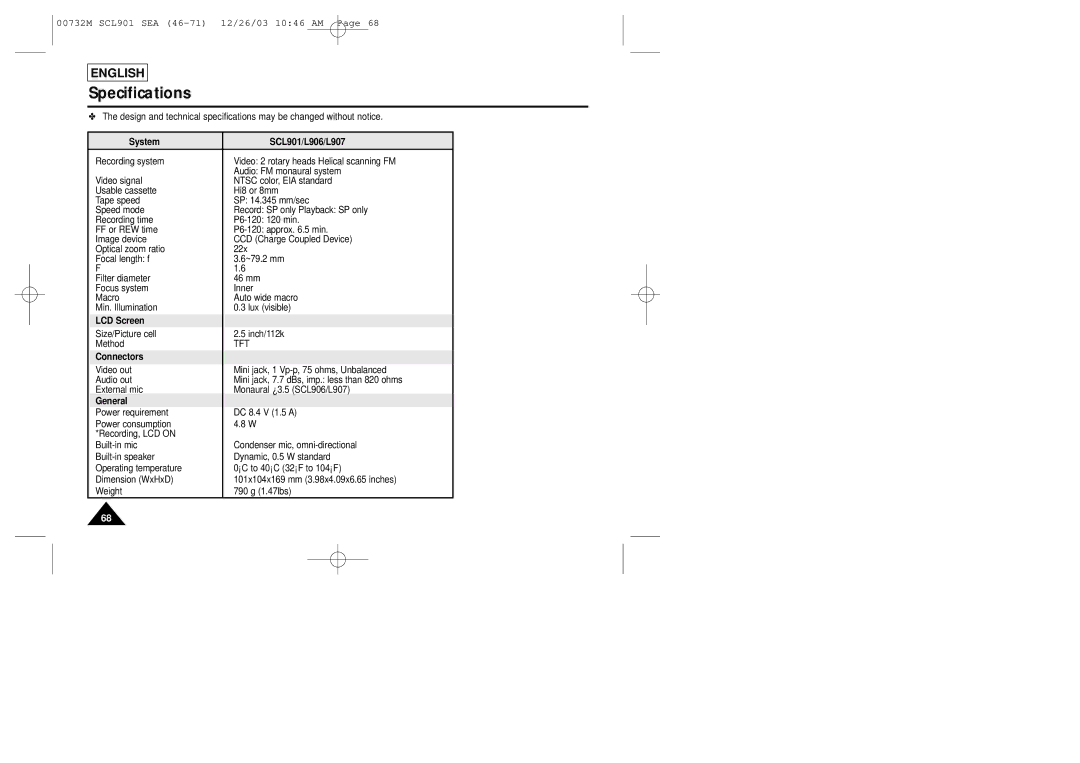 Sharp manual Specifications, System SCL901/L906/L907, LCD Screen, Connectors, General 