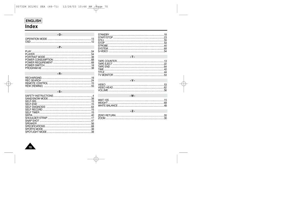 Sharp SCL901 manual Index 