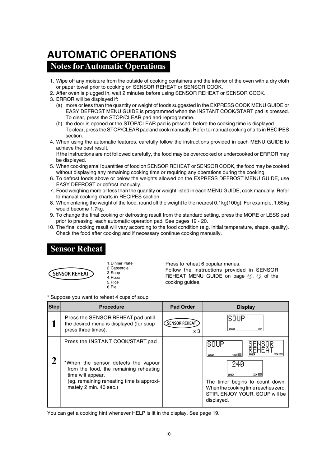 Sharp SCR/SCRNZ, R-380H, A40267 manual Automatic Operations, Sensor Reheat, U P, N S O R H E a T 