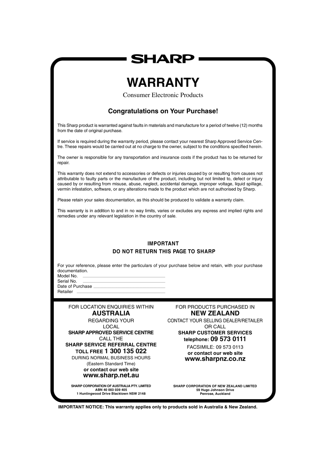 Sharp A40267, SCR/SCRNZ, R-380H manual Telephone 09 573, Facsimile 09 573, Or contact our web site, Eastern Standard Time 