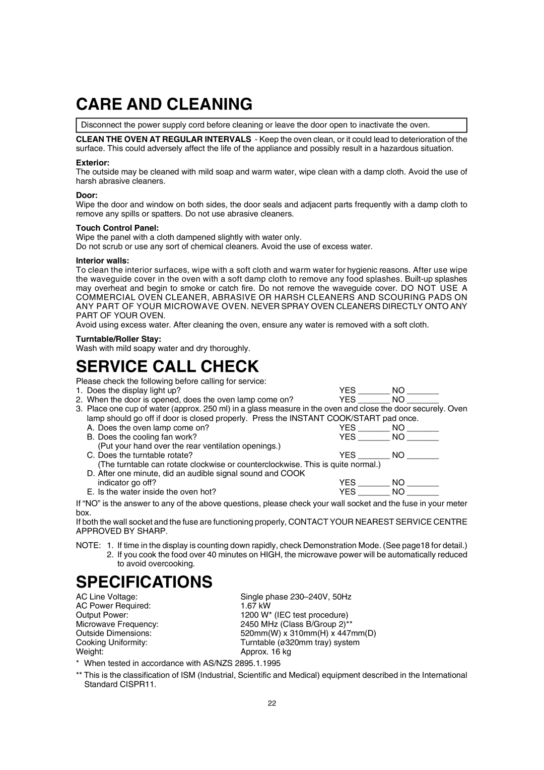 Sharp SCR/SCRNZ, R-380H, A40267 manual Care and Cleaning, Service Call Check, Specifications 