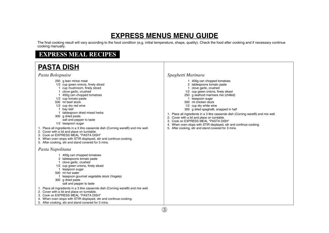 Sharp R-380H, SCR/SCRNZ, A40267 manual Express Menus Menu Guide, Pasta Dish 