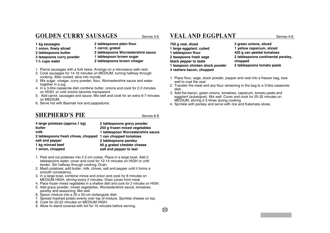 Sharp SCR/SCRNZ, R-380H, A40267 Golden Curry Sausages, Shepherds PIE, Veal and Eggplant, Tablespoon Worcestershire sauce 