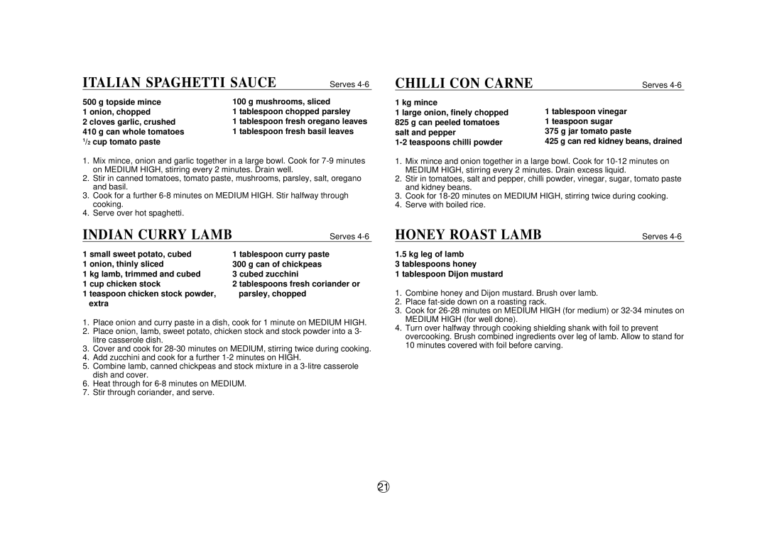Sharp R-380H, SCR/SCRNZ, A40267 manual Italian Spaghetti Sauce, Indian Curry Lamb, Chilli CON Carne, Honey Roast Lamb 