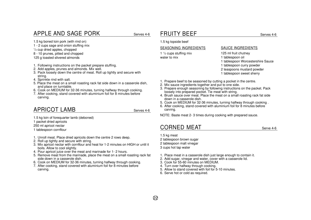 Sharp A40267, SCR/SCRNZ, R-380H manual Apple and Sage Pork, Apricot Lamb, Fruity Beef, Corned Meat 