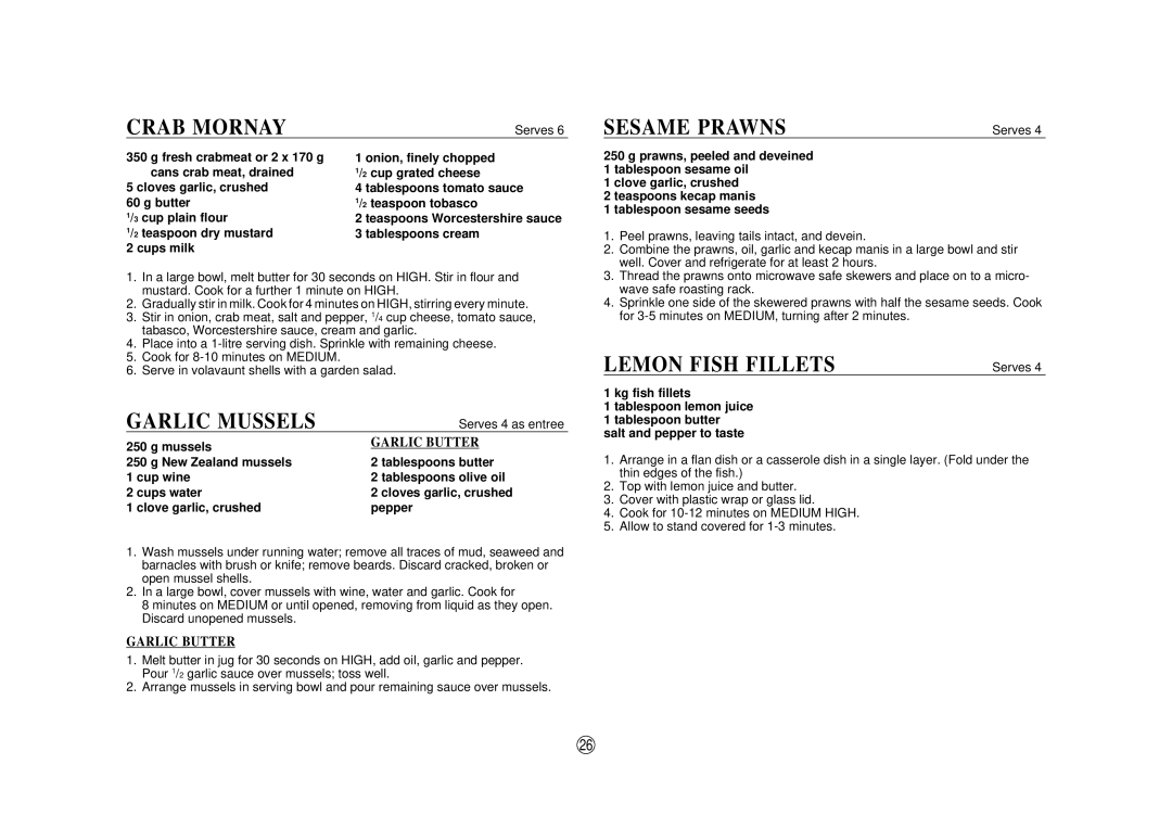 Sharp SCR/SCRNZ, R-380H, A40267 manual Crab Mornay, Garlic Mussels, Sesame Prawns, Lemon Fish Fillets 
