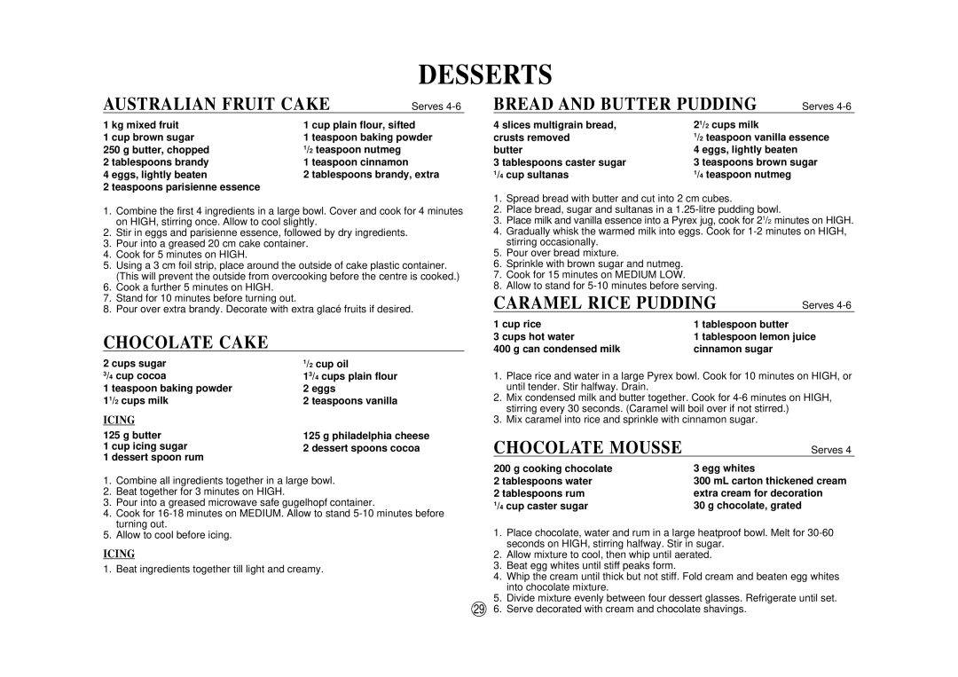 Sharp SCR/SCRNZ Australian Fruit Cake, Chocolate Cake, Bread and Butter Pudding, Caramel Rice Pudding, Chocolate Mousse 