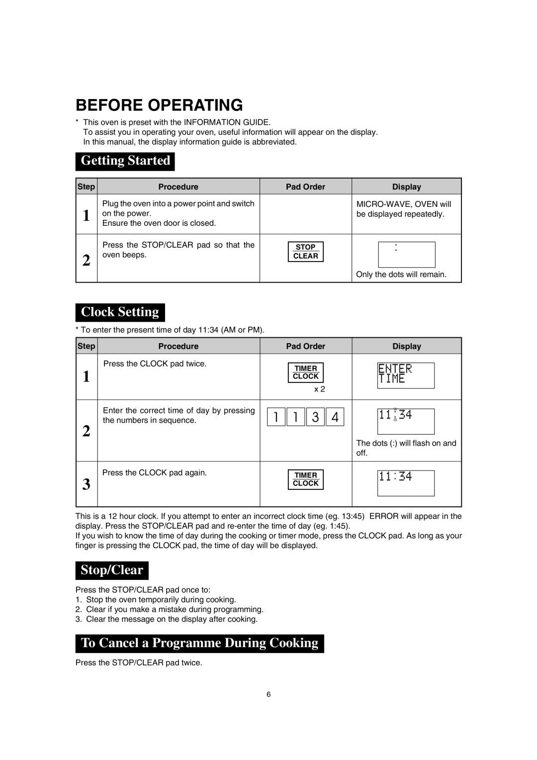 Sharp A40267, SCR/SCRNZ Before Operating, Getting Started, Clock Setting, Stop/Clear, To Cancel a Programme During Cooking 