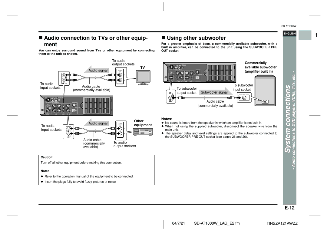 Sharp SD-AT1000W System, Audio connection to TVs or other equip Ment, Using other subwoofer, DVD players, VCRs, TVs, etc 