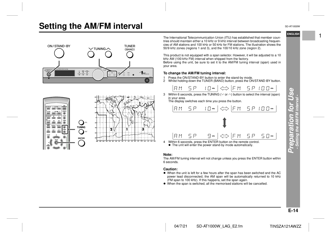 Sharp SD-AT1000W Setting the AM/FM interval, For Use, Preparation, Interval, To change the AM/FM tuning interval 