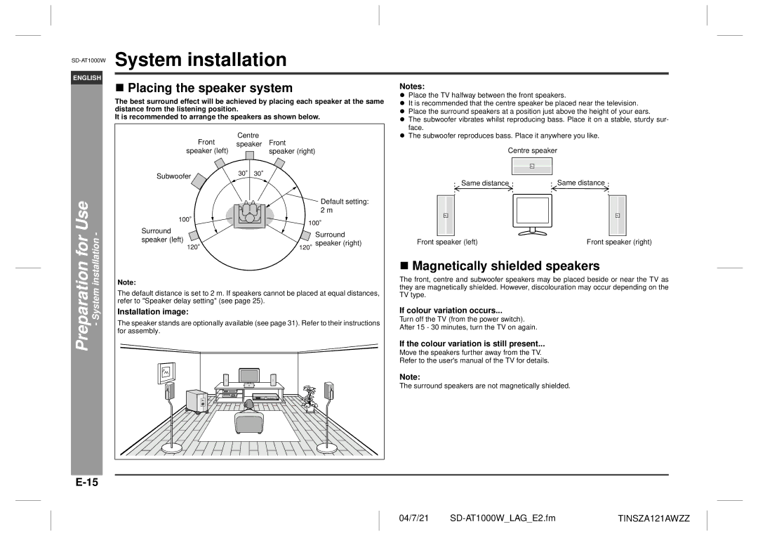 Sharp SD-AT1000W operation manual System installation, Placing the speaker system, Magnetically shielded speakers 