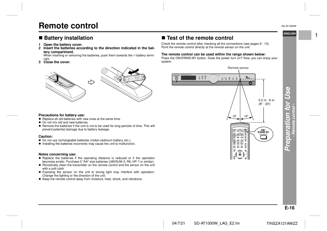 Sharp SD-AT1000W operation manual Remote control, Use, Battery installation Test of the remote control 