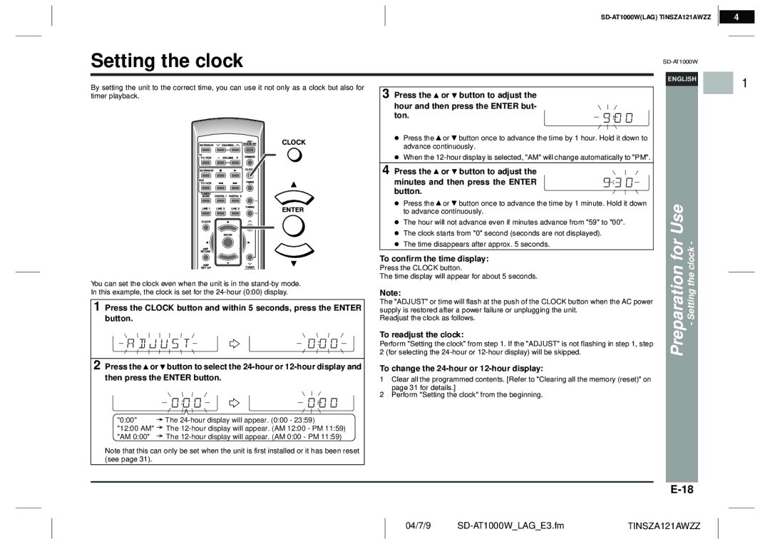 Sharp SD-AT1000W operation manual Setting the clock 