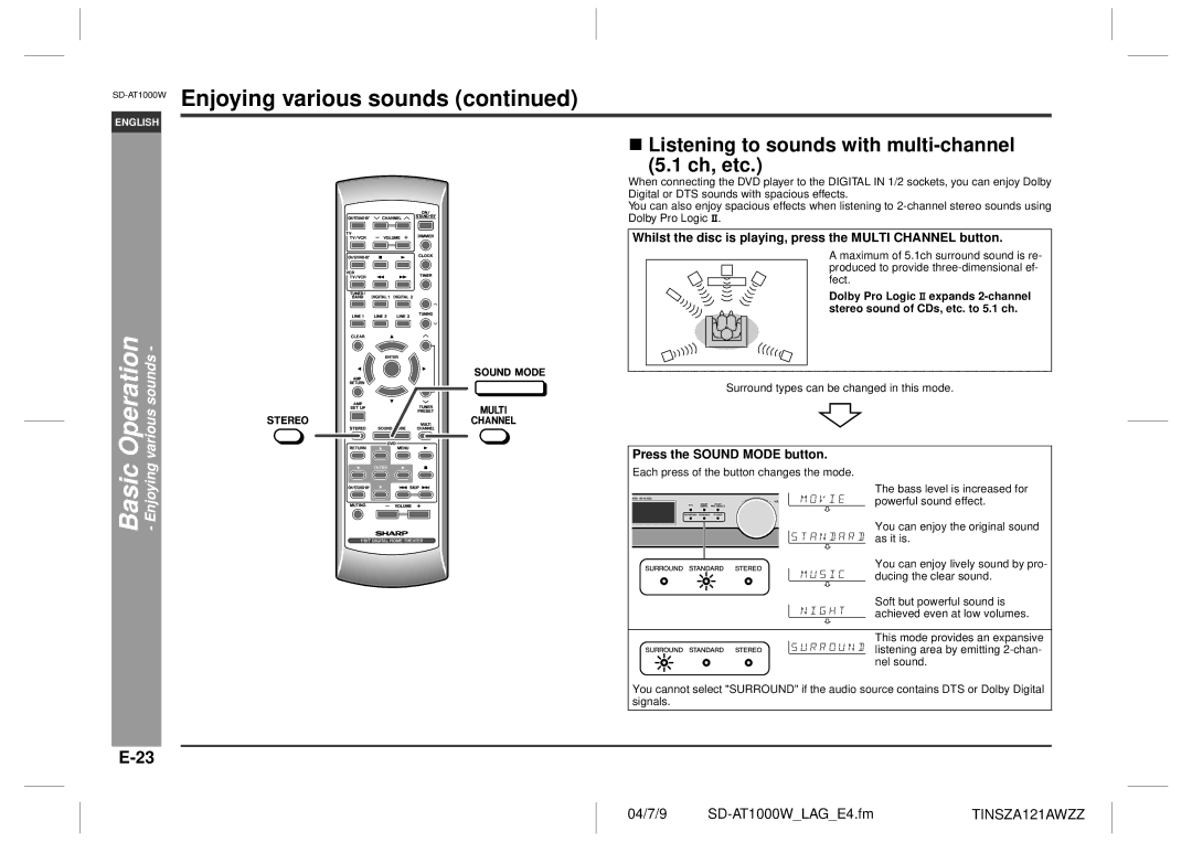 Sharp SD-AT1000W Basic, Listening to sounds with multi-channel Ch, etc, Enjoying, Press the Sound Mode button 