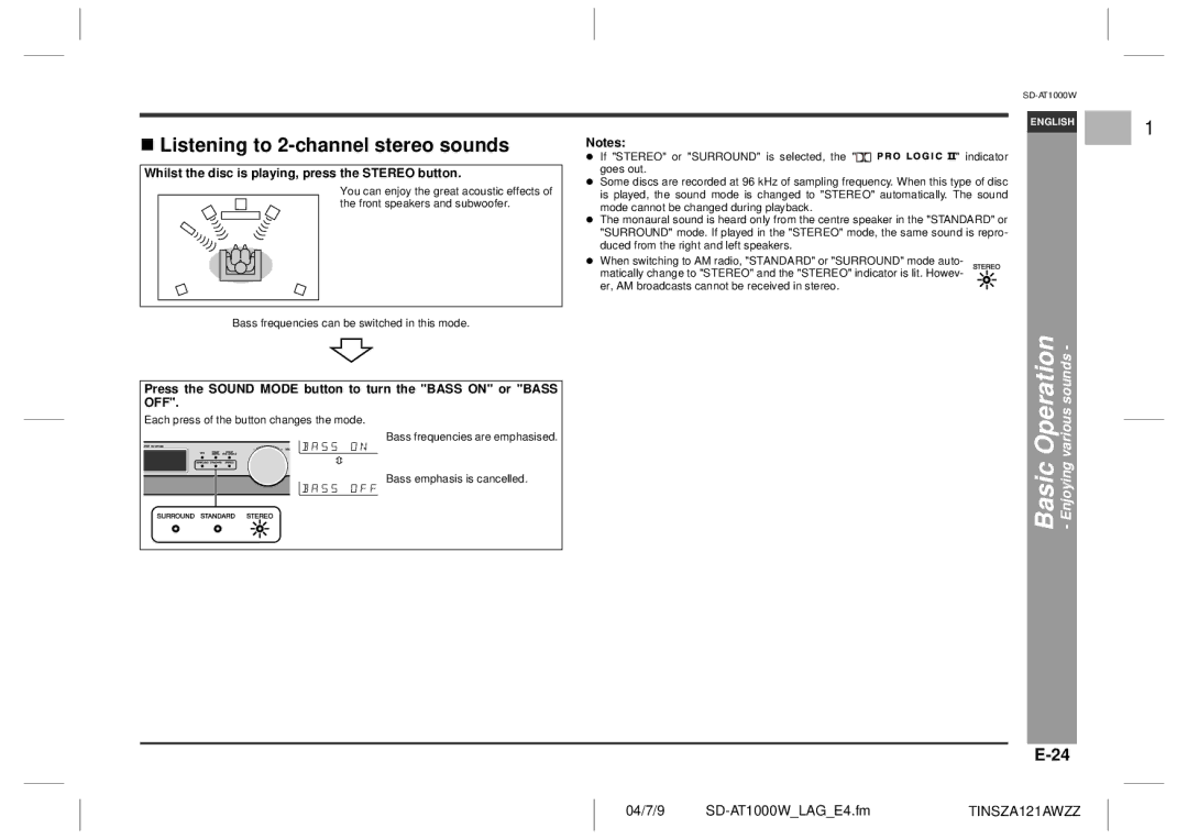 Sharp SD-AT1000W operation manual Listening to 2-channel stereo sounds, Whilst the disc is playing, press the Stereo button 