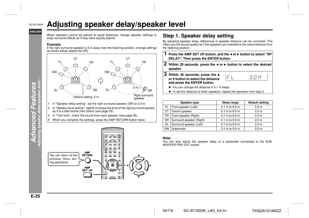 Sharp SD-AT1000W operation manual Adjusting speaker delay/speaker level, Advanced Features, Speaker delay setting, Example 